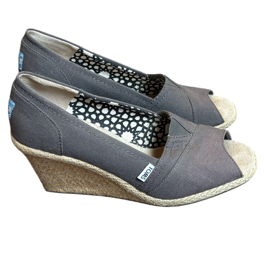 TOMS Women's Gray Canvas Peep-Toe Wedge Espadrilles